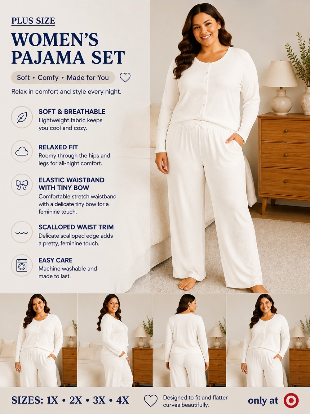 1X-4X Target Plus Size Women's Pajama Set - White Cream
